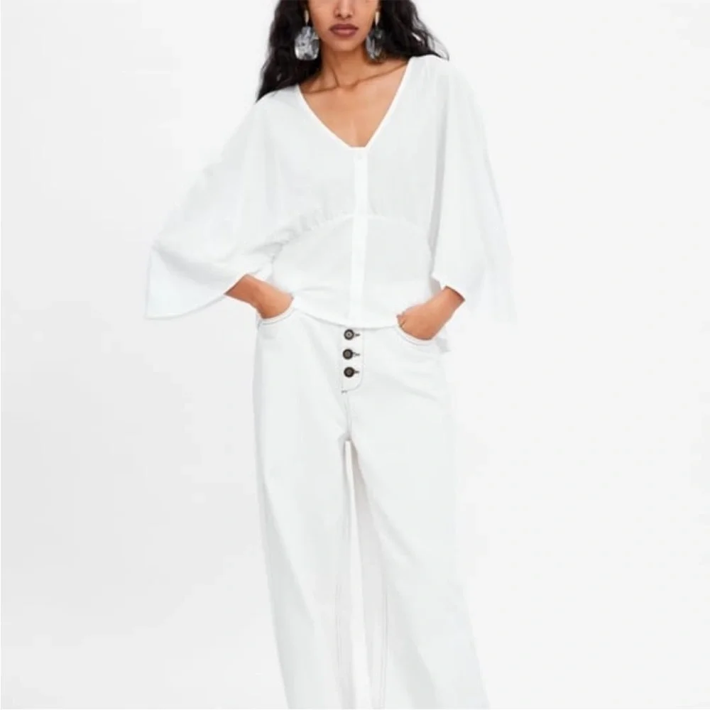 ZARA Gauzy Romantic White Batwing Dolman Sleeve Cropped Button Blouse Top - Picture 2 of 10